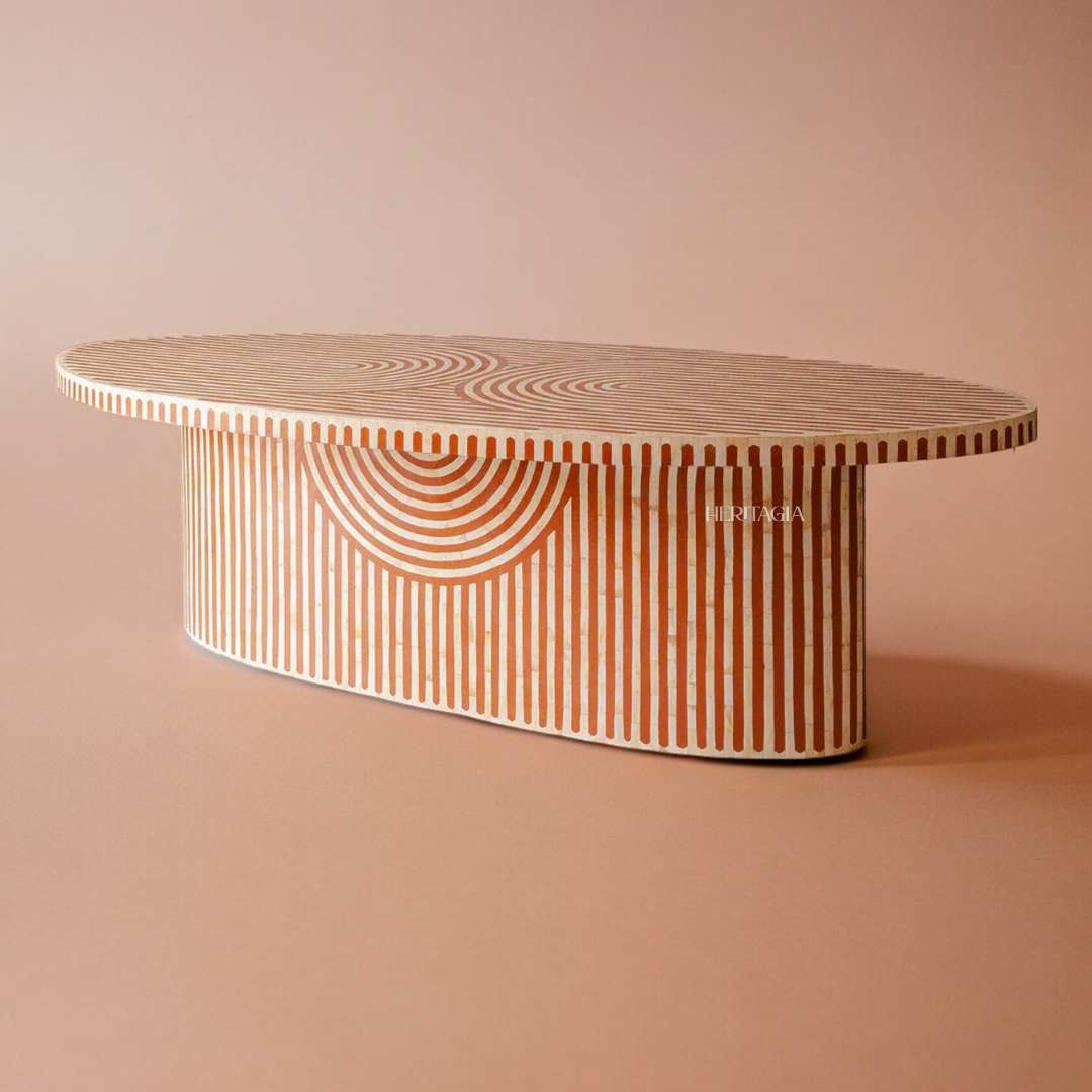 Custom size oval bone inlay dining table with handcrafted striped pattern