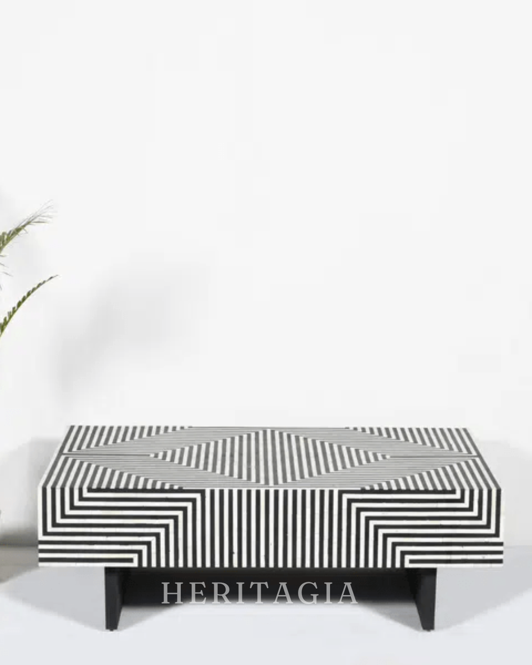 Bone inlay monochrome coffee table with black and white geometric pattern 
