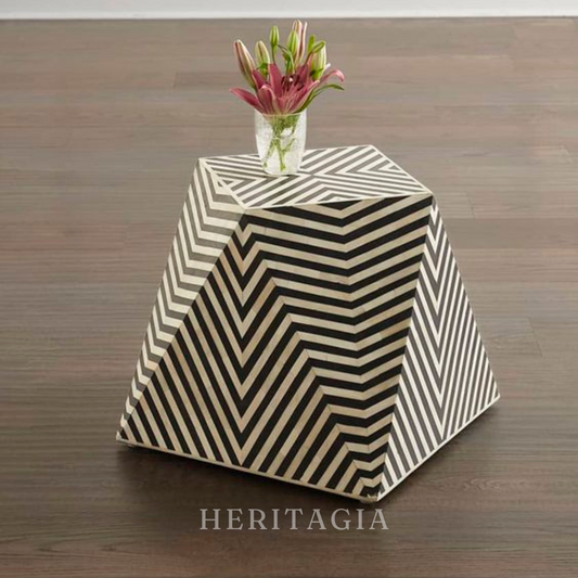 Bone inlay accent side table with black and white chevron pattern