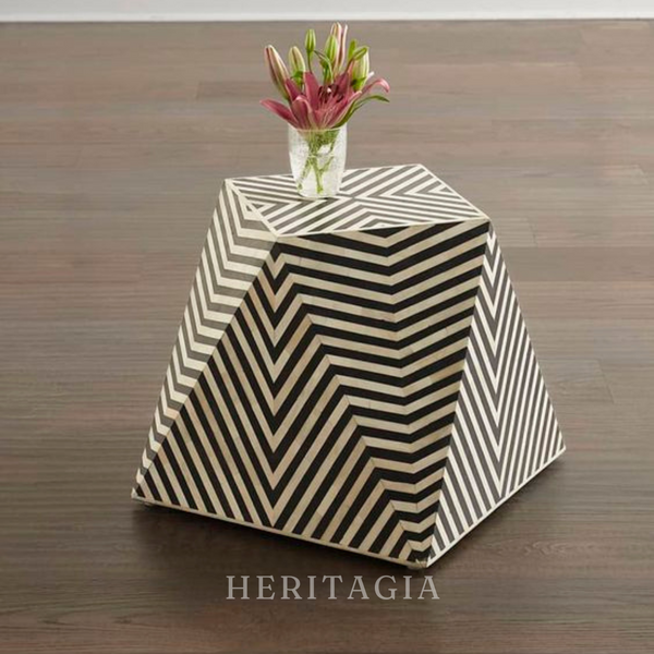 Bone inlay accent side table with black and white chevron pattern