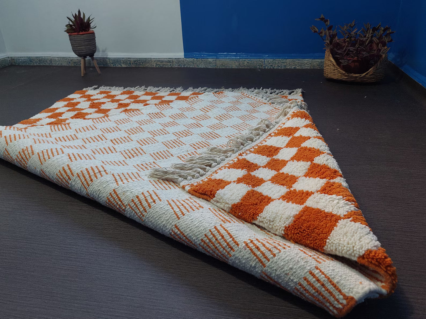 Artisan Boujaad style wool rug with bold orange and ivory checkered pattern