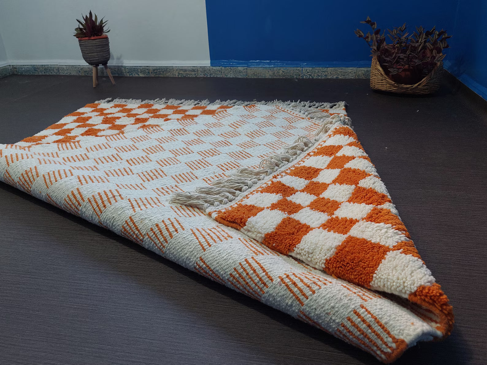 Artisan Boujaad style wool rug with bold orange and ivory checkered pattern