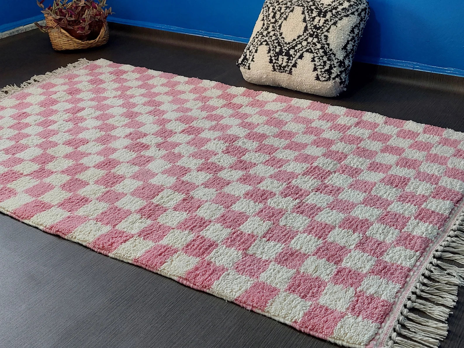 Artisan checkered wool rug with handmade fringe and thick pile 