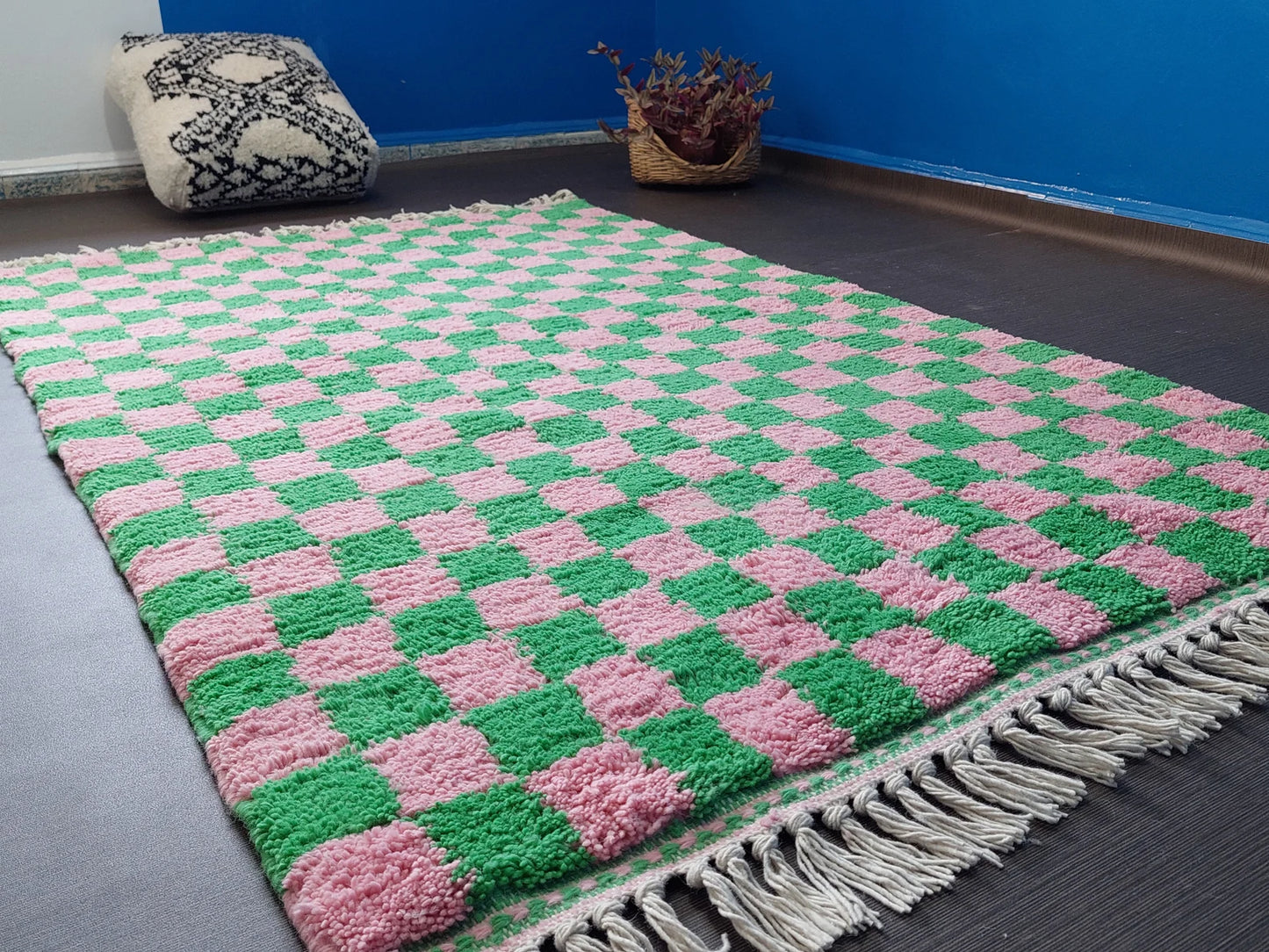 Artisan Moroccan wool rug with fringe detail and bold checkerboard design 