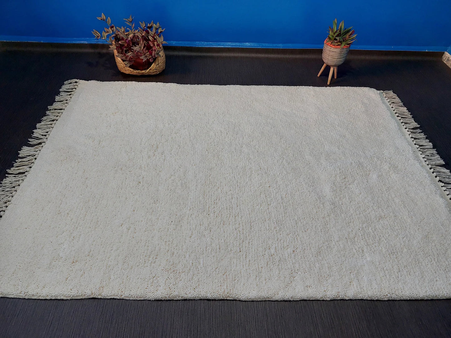 Artisan white wool rug with handmade fringe and plush Moroccan finish