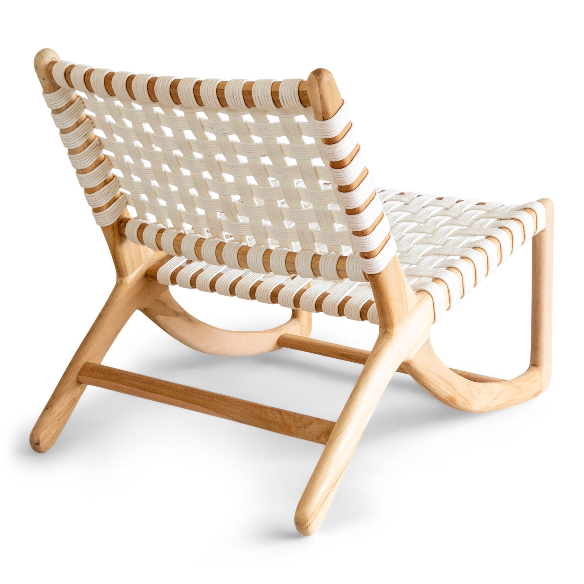 Handmade solid wood chair with white leather woven seat in bedroom 