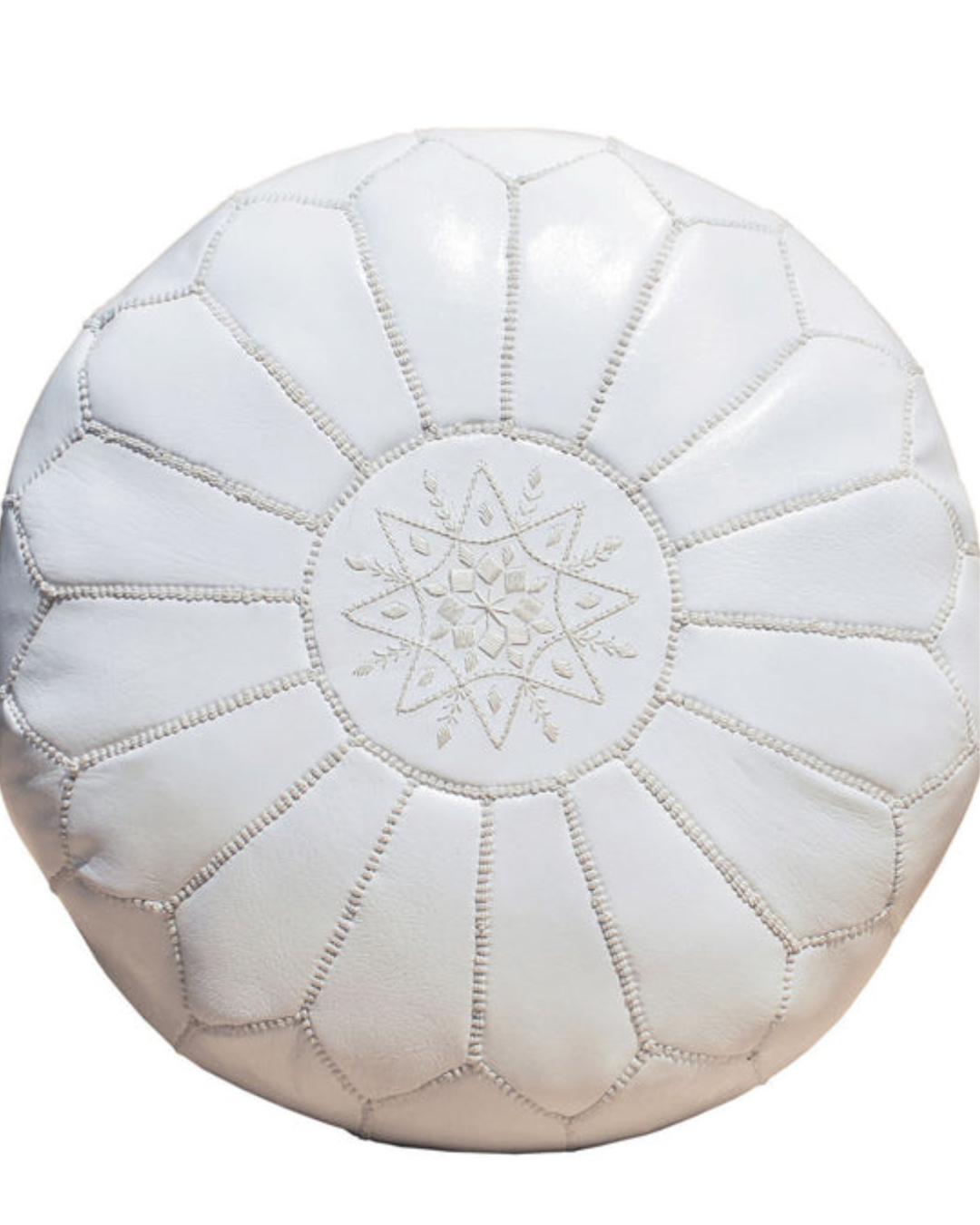 Authentic White Moroccan Leather Pouf handmade from high-quality goat leather 