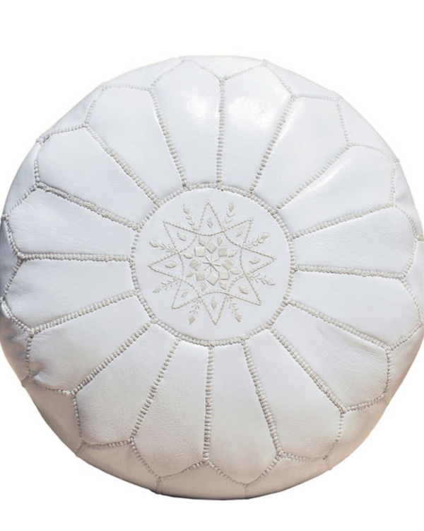 Authentic White Moroccan Leather Pouf handmade from high-quality goat leather 