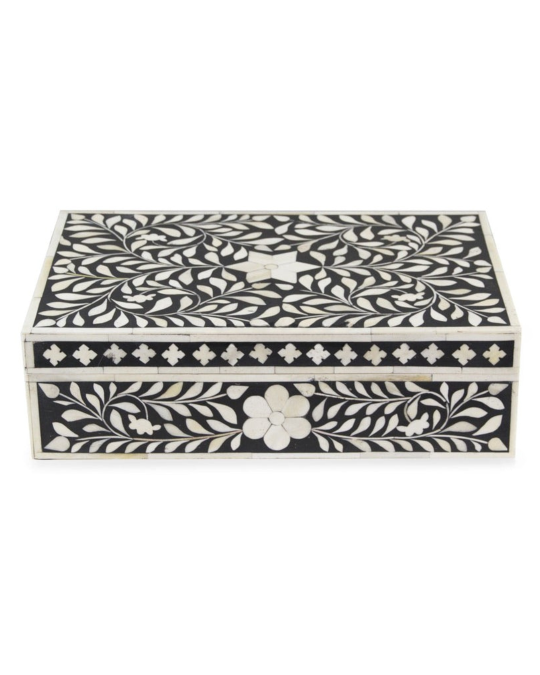 Black bone inlay box with elegant floral vine detail
