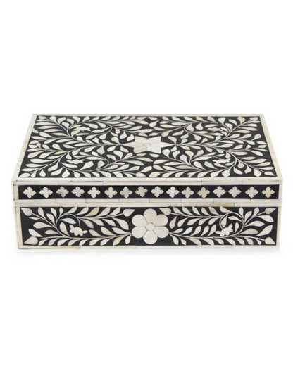 Black bone inlay box with elegant floral vine detail
