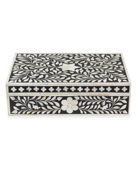 Black bone inlay box with elegant floral vine detail

