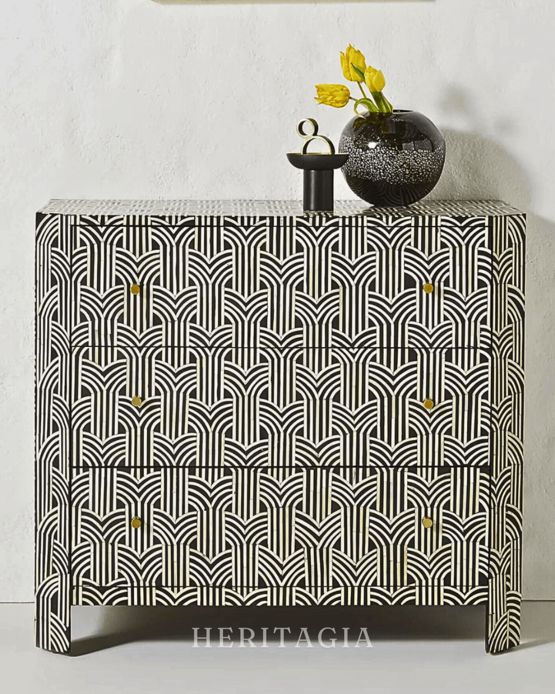 Black bone inlay chest of drawers with handcrafted geometric pattern