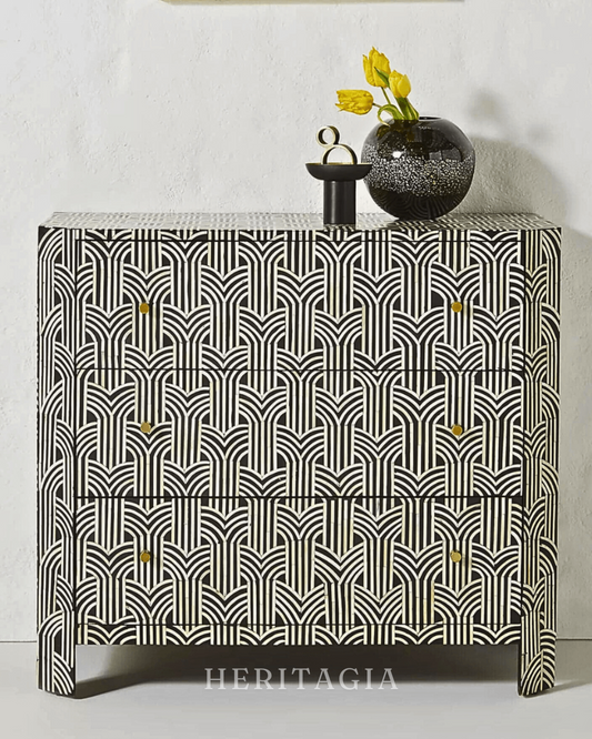 Black bone inlay chest of drawers with handcrafted geometric pattern