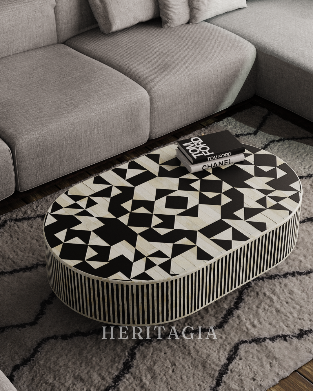 Black bone inlay coffee table with elegant gold-finished base 