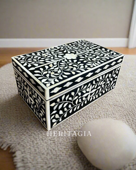 Black bone inlay jewelry box with elegant floral pattern