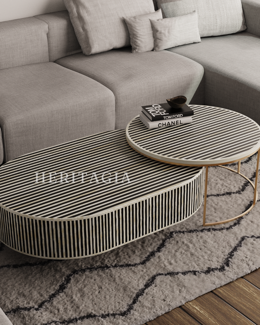 Black bone inlay nesting coffee tables with oval and round design