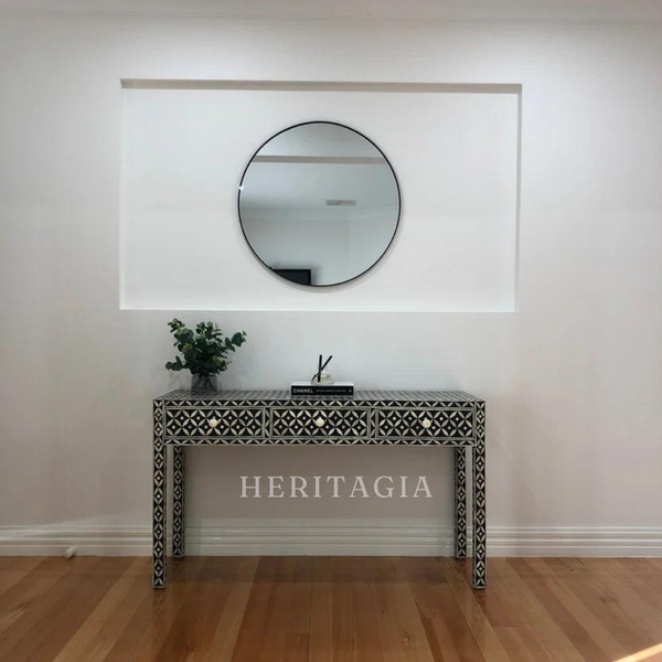 Black floral bone inlay console table with two spacious drawers
