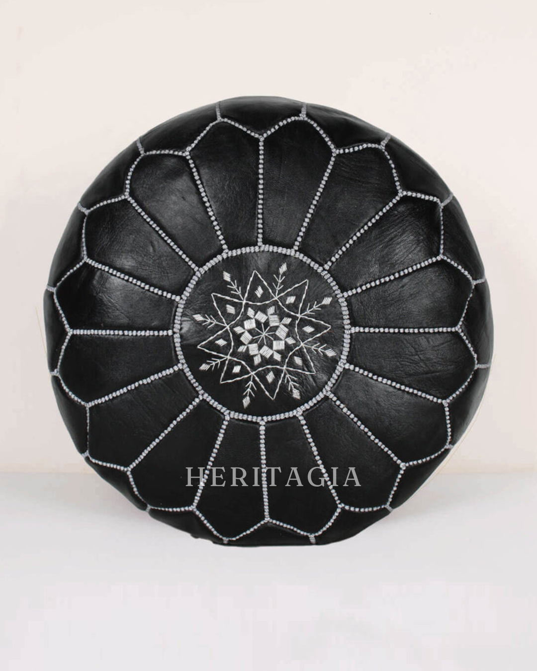 Black Moroccan Leather Pouf with beige stitching, handmade from full-grain lambskin leather