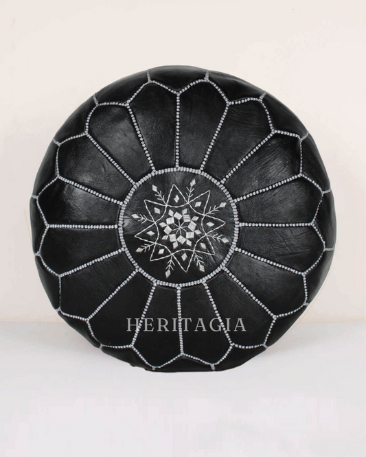 Black Moroccan Leather Pouf with beige stitching, handmade from full-grain lambskin leather
