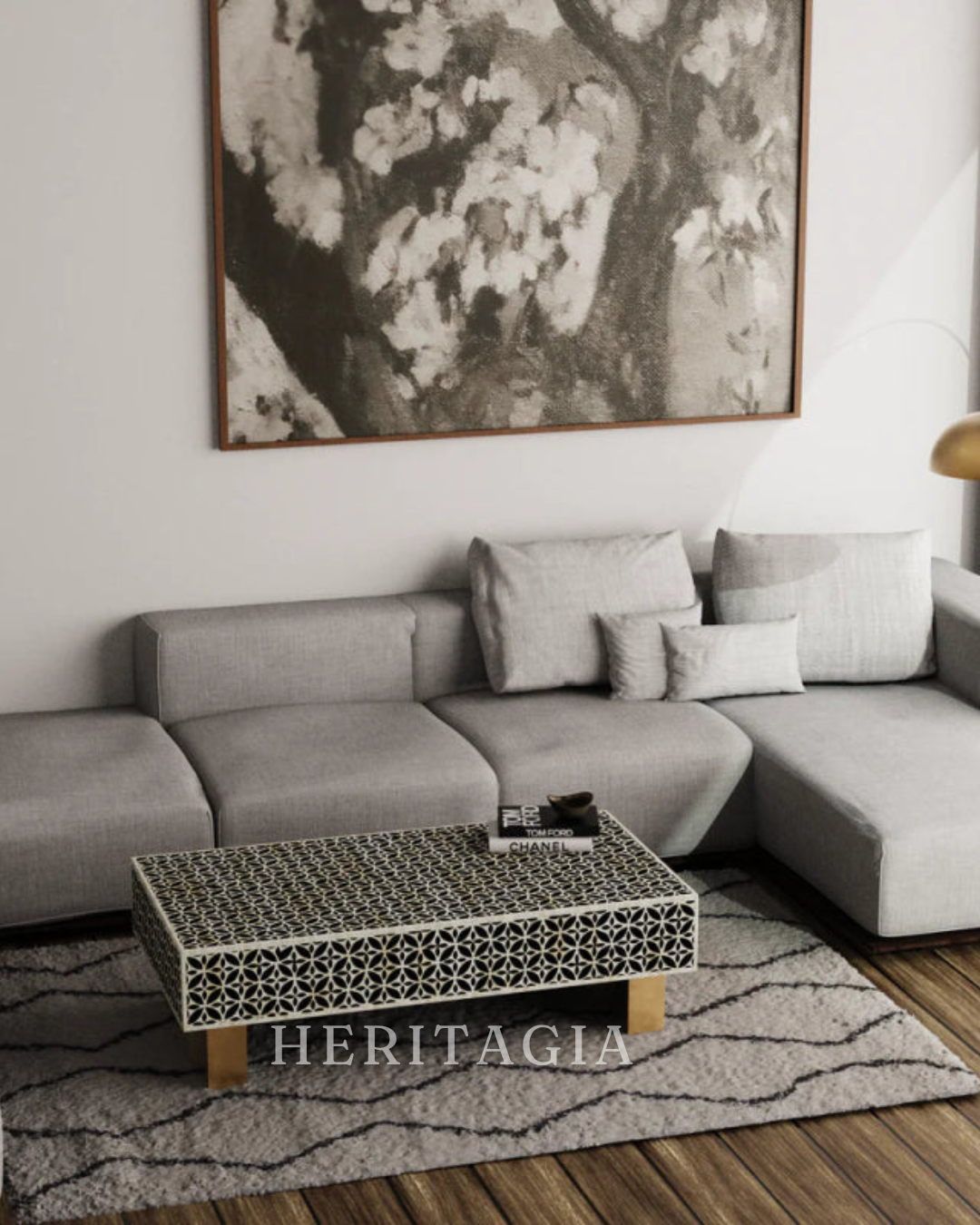 Black pattern bone inlay coffee table for luxury living room styling