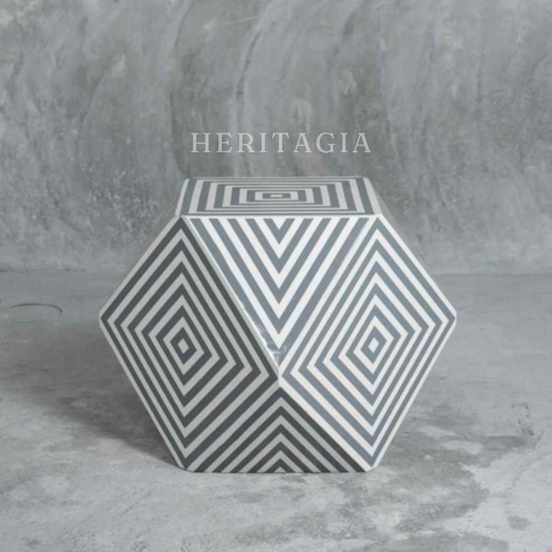 Black and white bone inlay side table with geometric pattern 