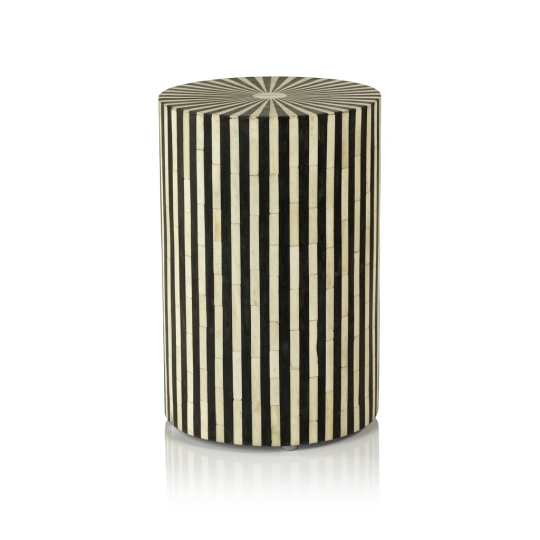 Black and white cylinder side table for modern accent styling