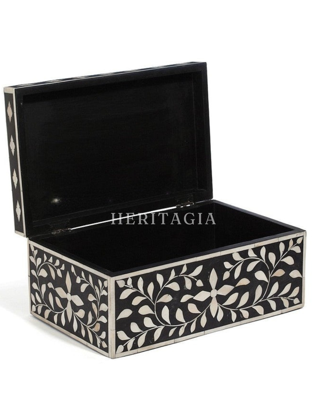 Black and white decorative keepsake box with artisan inlay detail