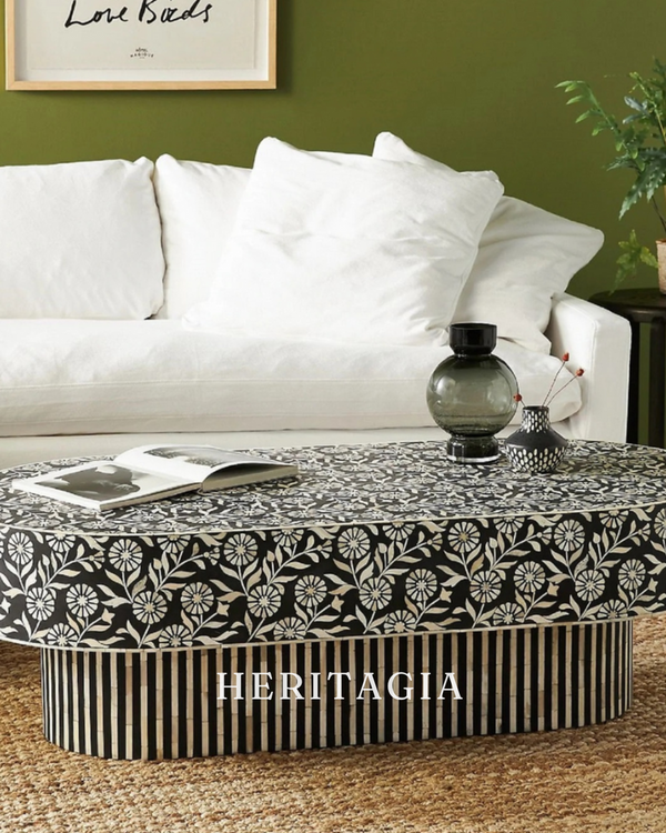 Black and white oval bone inlay coffee table with handmade floral pattern 