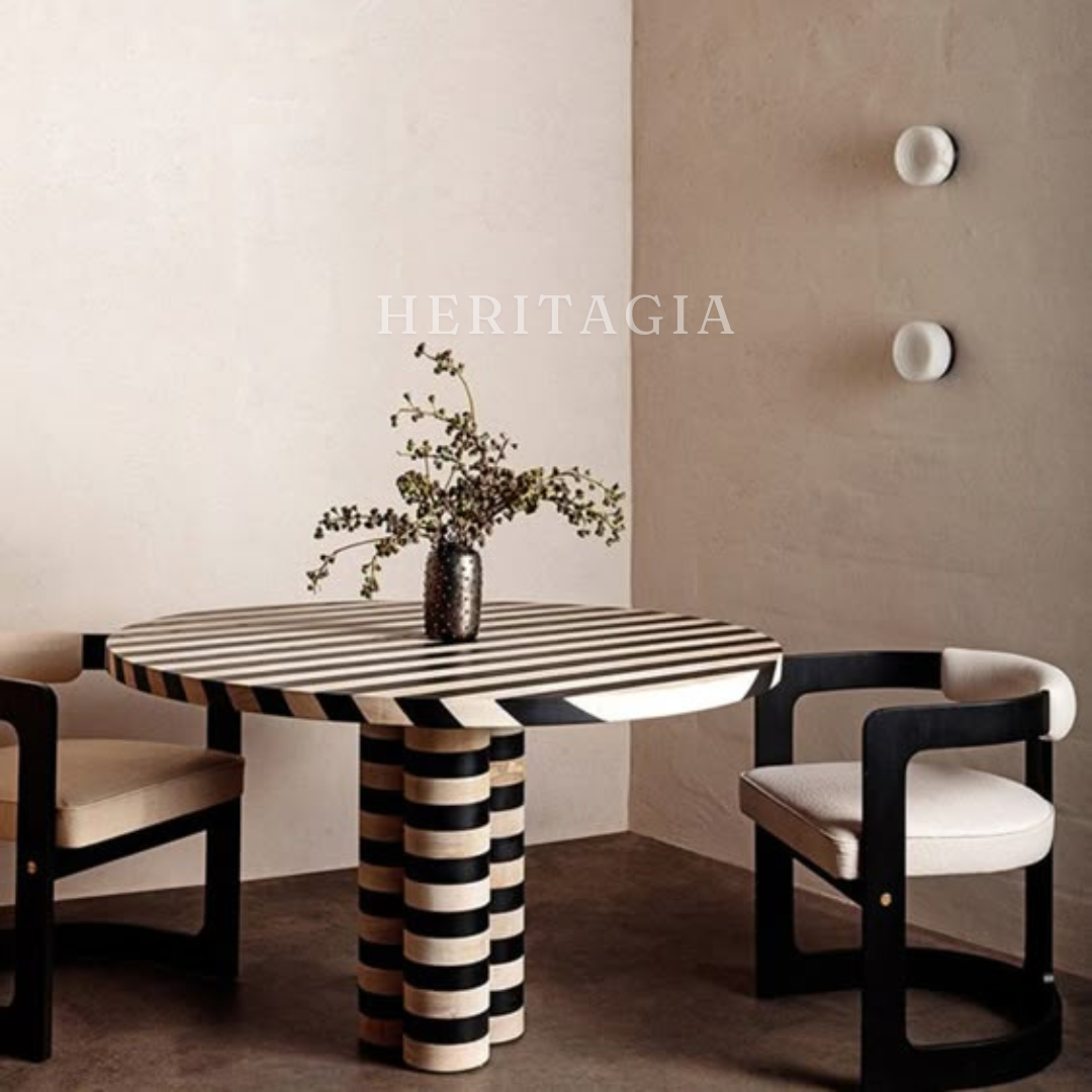 Black and white striped bone inlay table with pedestal base
