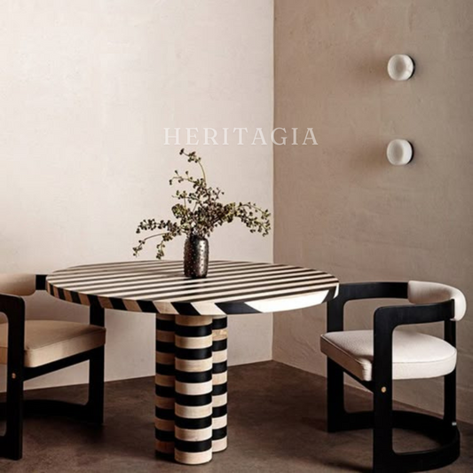 Black and white striped bone inlay table with pedestal base