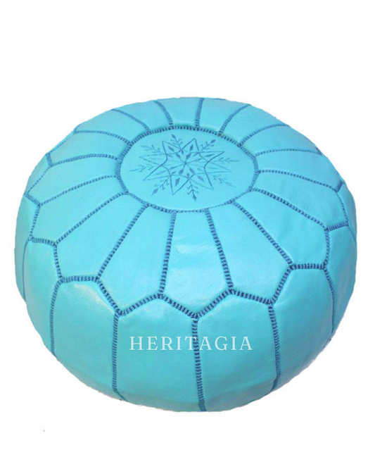 Blue Moroccan Leather Pouf unstuffed for luxury ottoman, footstool, and floor seating