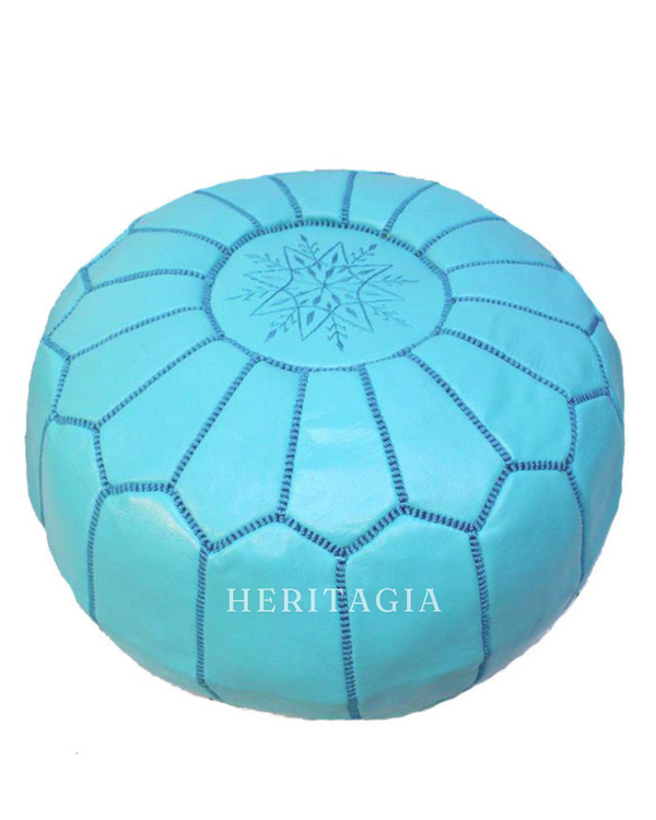 Blue Moroccan Leather Pouf unstuffed for luxury ottoman, footstool, and floor seating