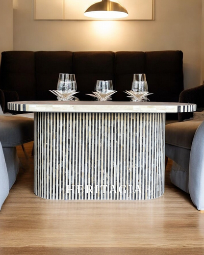 Bone inlay 6 seater dining table in gray and white striped design 