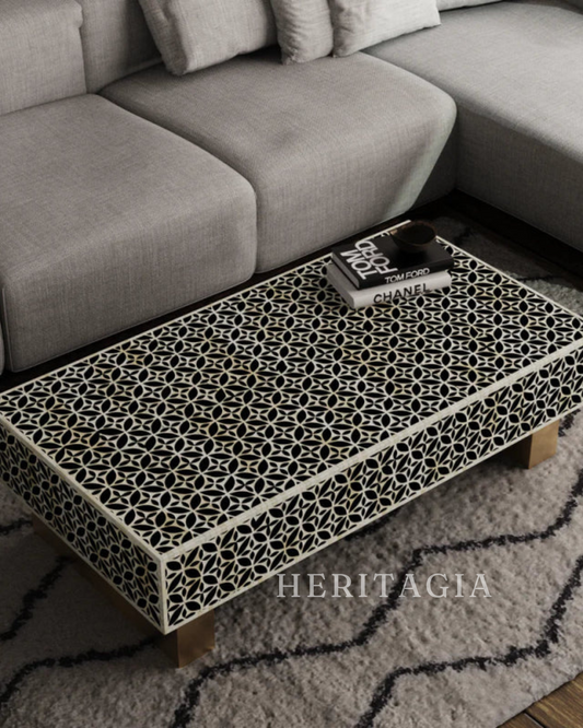 Bone Inlay Coffee Table Black Pattern Design with floral lattice detail