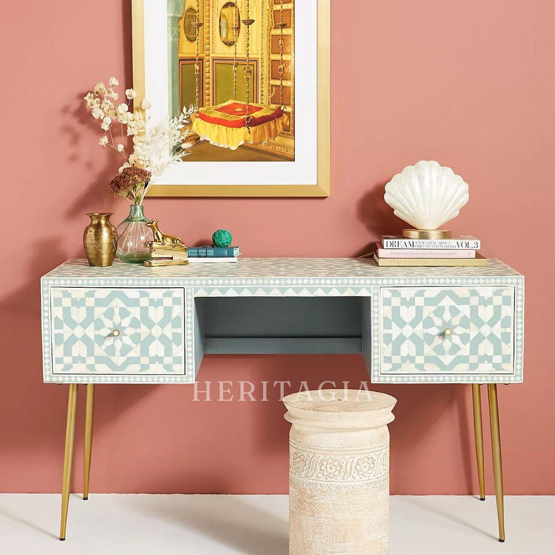 Bone inlay console table with two drawers and metal legs