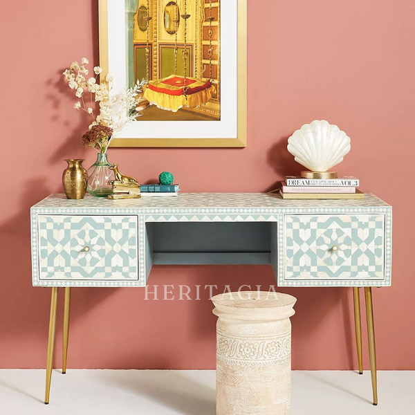 Bone inlay console table with two drawers and metal legs