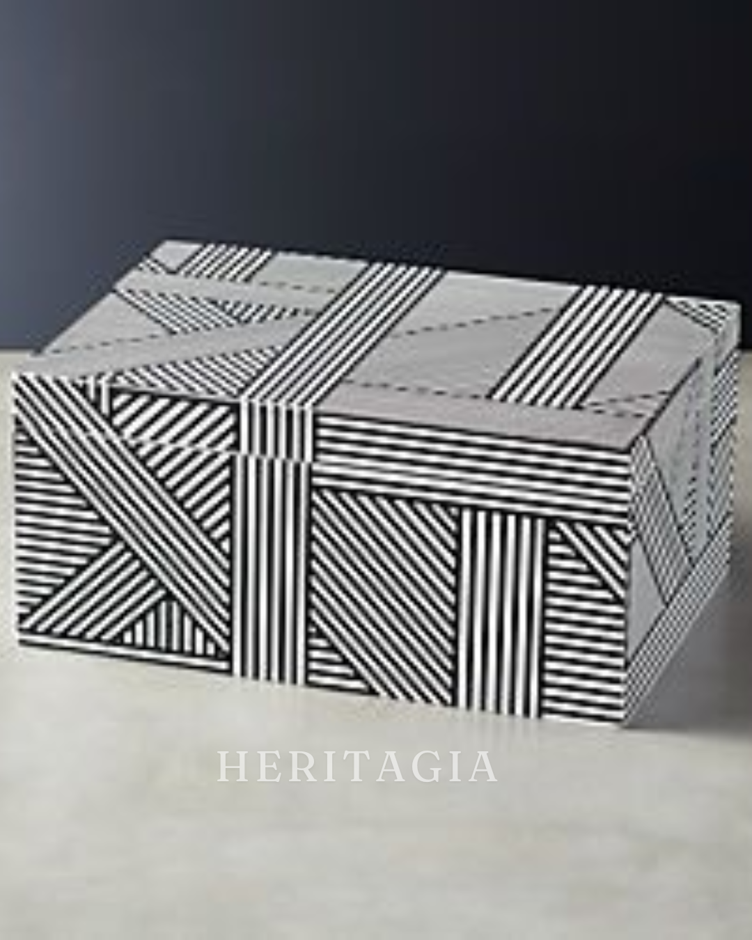 Bone Inlay Decorative Box in black and white geometric pattern for luxury home decor 
