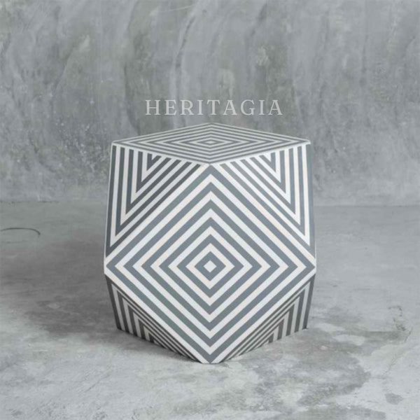 Bone Inlay Geometric Design Side Table in black and white 
