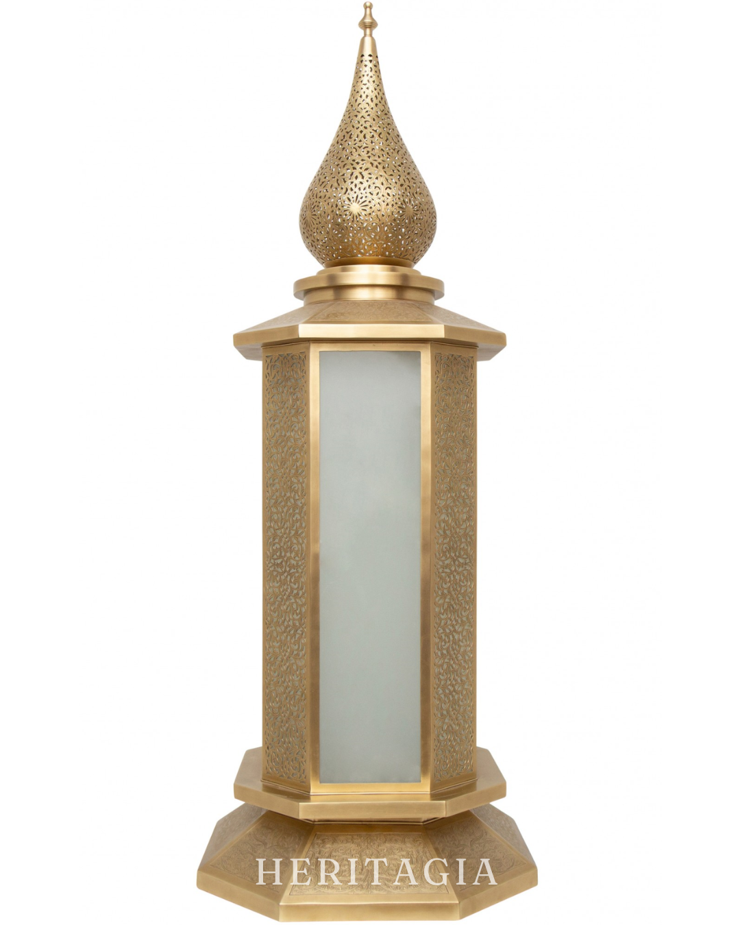 Brass floor lantern with frosted glass for luxury Moroccan home styling 
