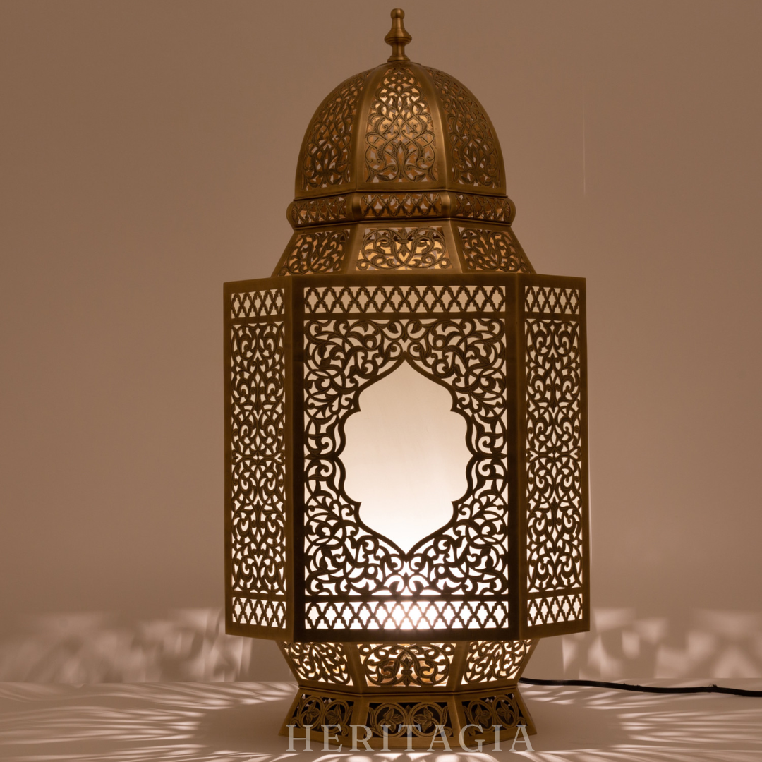Brass glass Moroccan floor lantern for elegant living room styling 