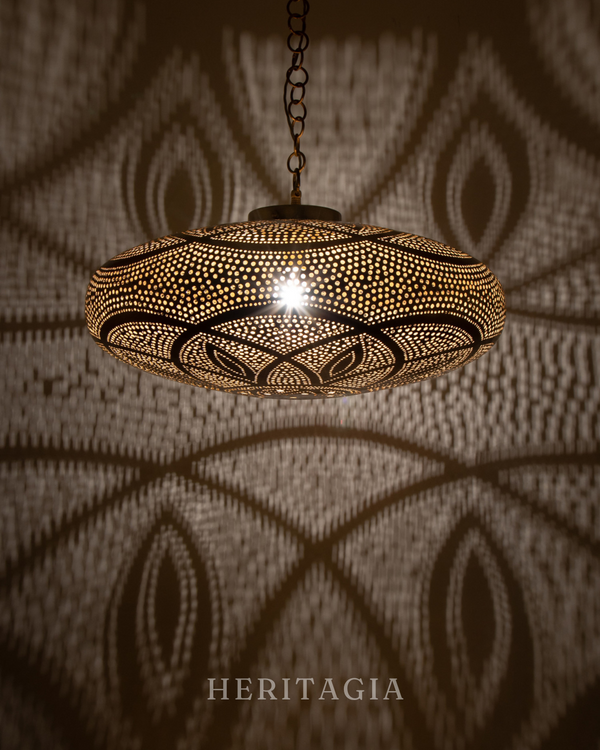 Brass Moroccan Saucer Pendant Lamp with wide round shape and pierced artisan design 