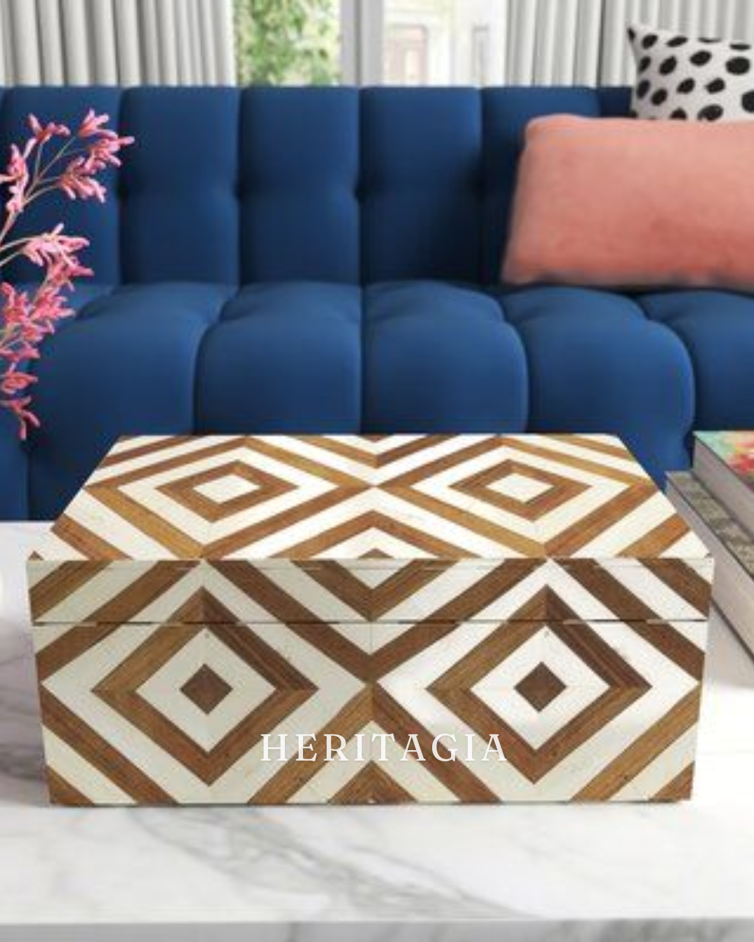 Brown and ivory bone inlay box with geometric diamond pattern 