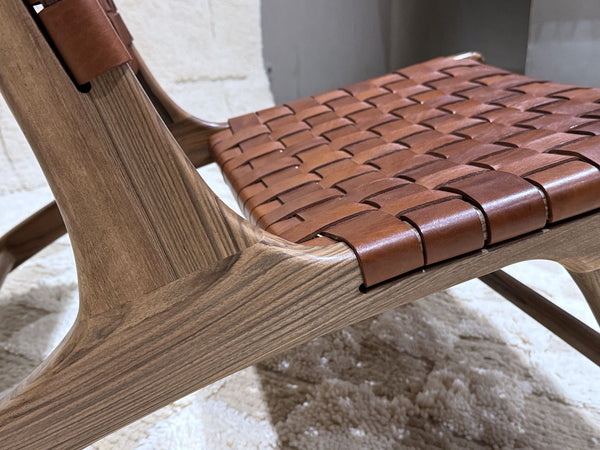 Handmade Moroccan brown leather woven accent chair with solid wood frame 