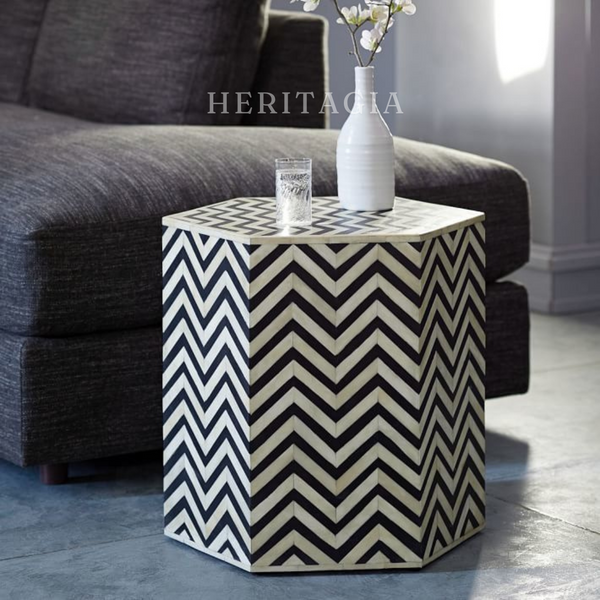 Chevron bone inlay side table with black and natural bone pattern