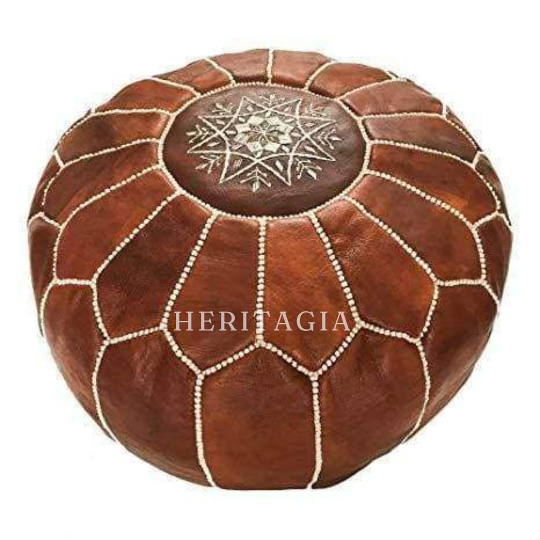Chocolate Moroccan leather pouf for luxury floor seating and home decor