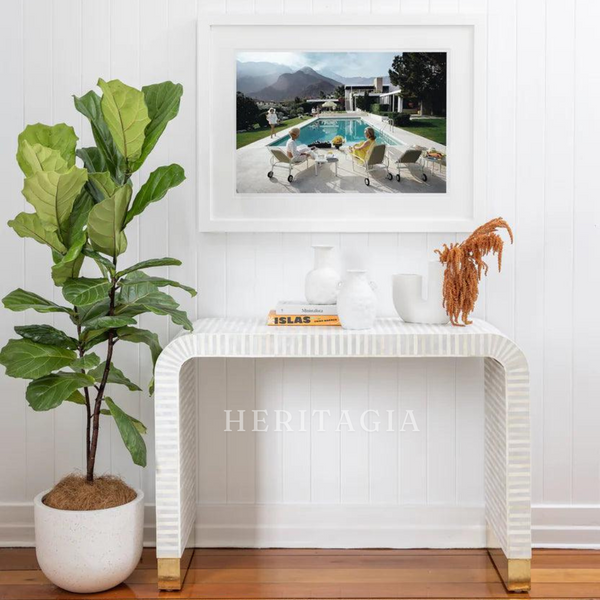 Coastal beige bone inlay console table with white inlay pattern