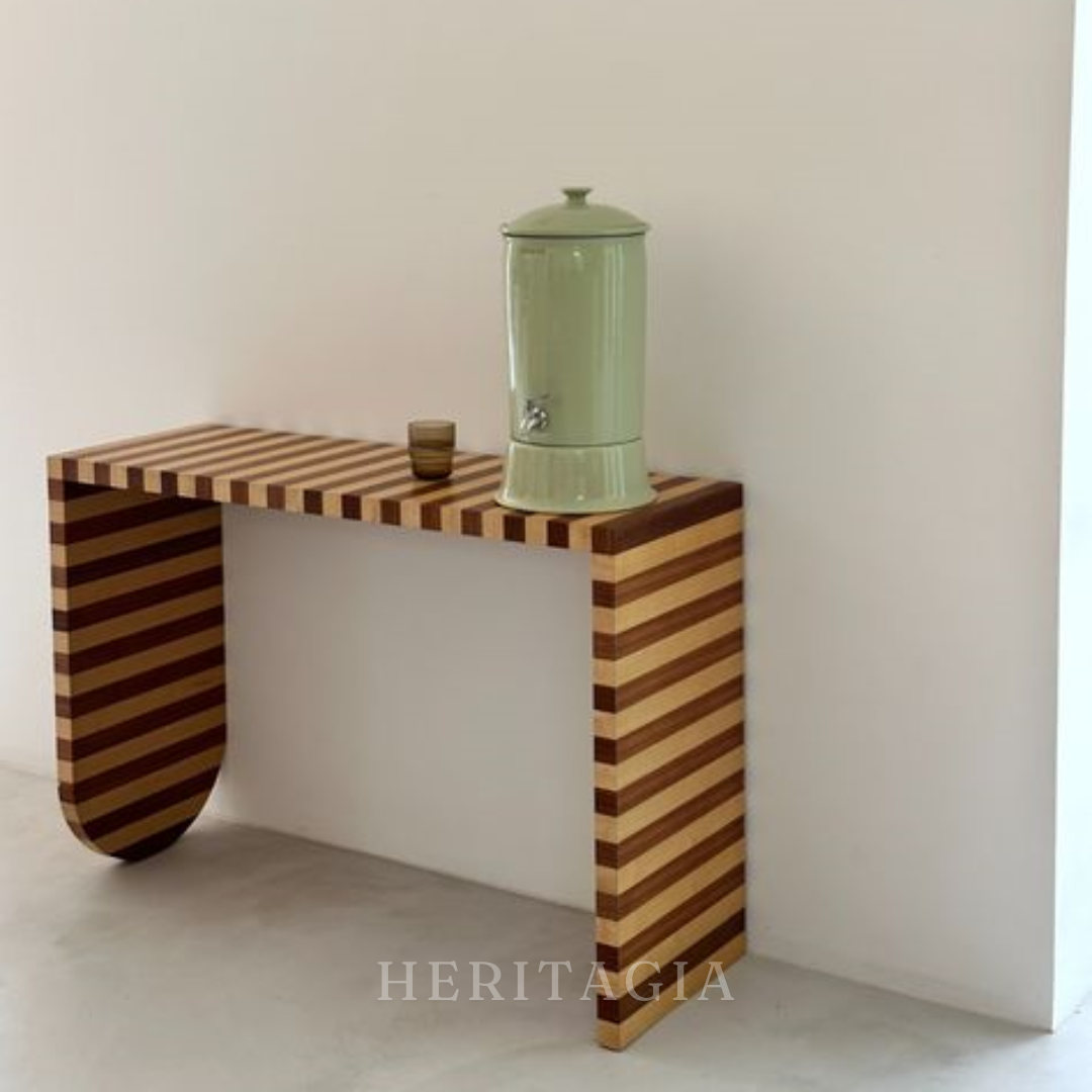 Curved wood console table with luxury striped inlay design