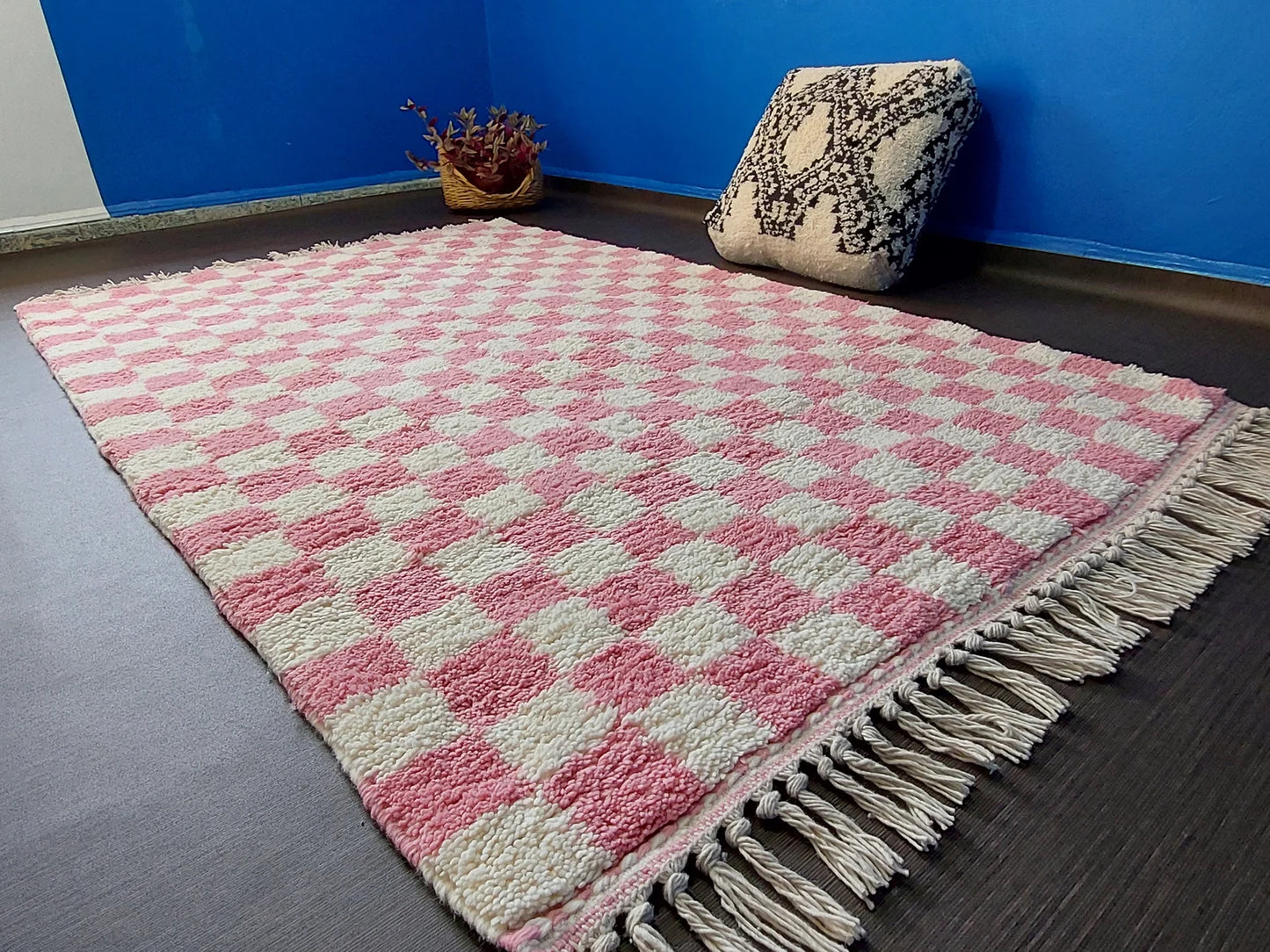 Custom size pink Moroccan wool rug with handwoven checkerboard pattern 
