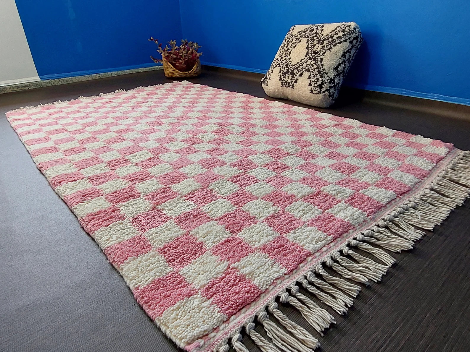 Custom size pink Moroccan wool rug with handwoven checkerboard pattern 