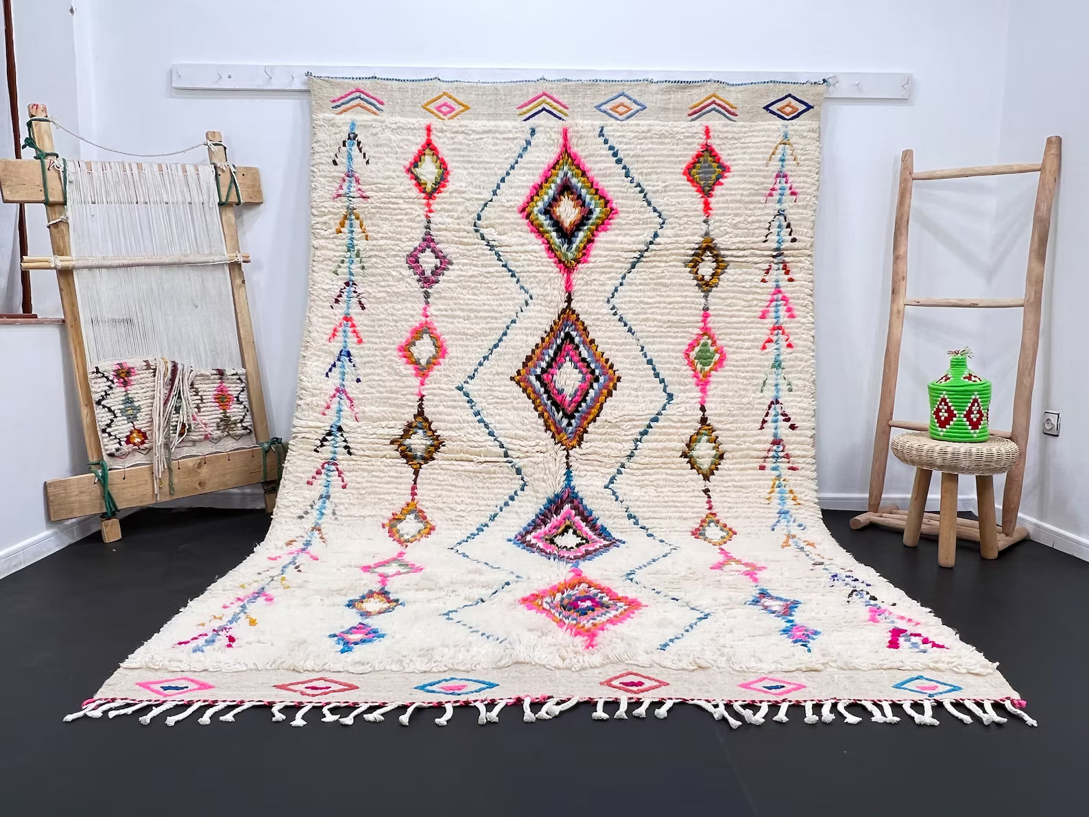  Custom size white Moroccan wool rug with handwoven multicolor diamond pattern